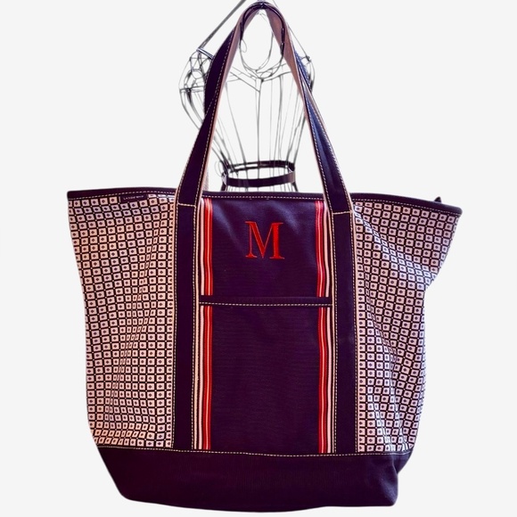 Lands’ End Large Canvas Tote Bag – Navy & Red Stripes with “M” Monogram - Picture 1 of 8